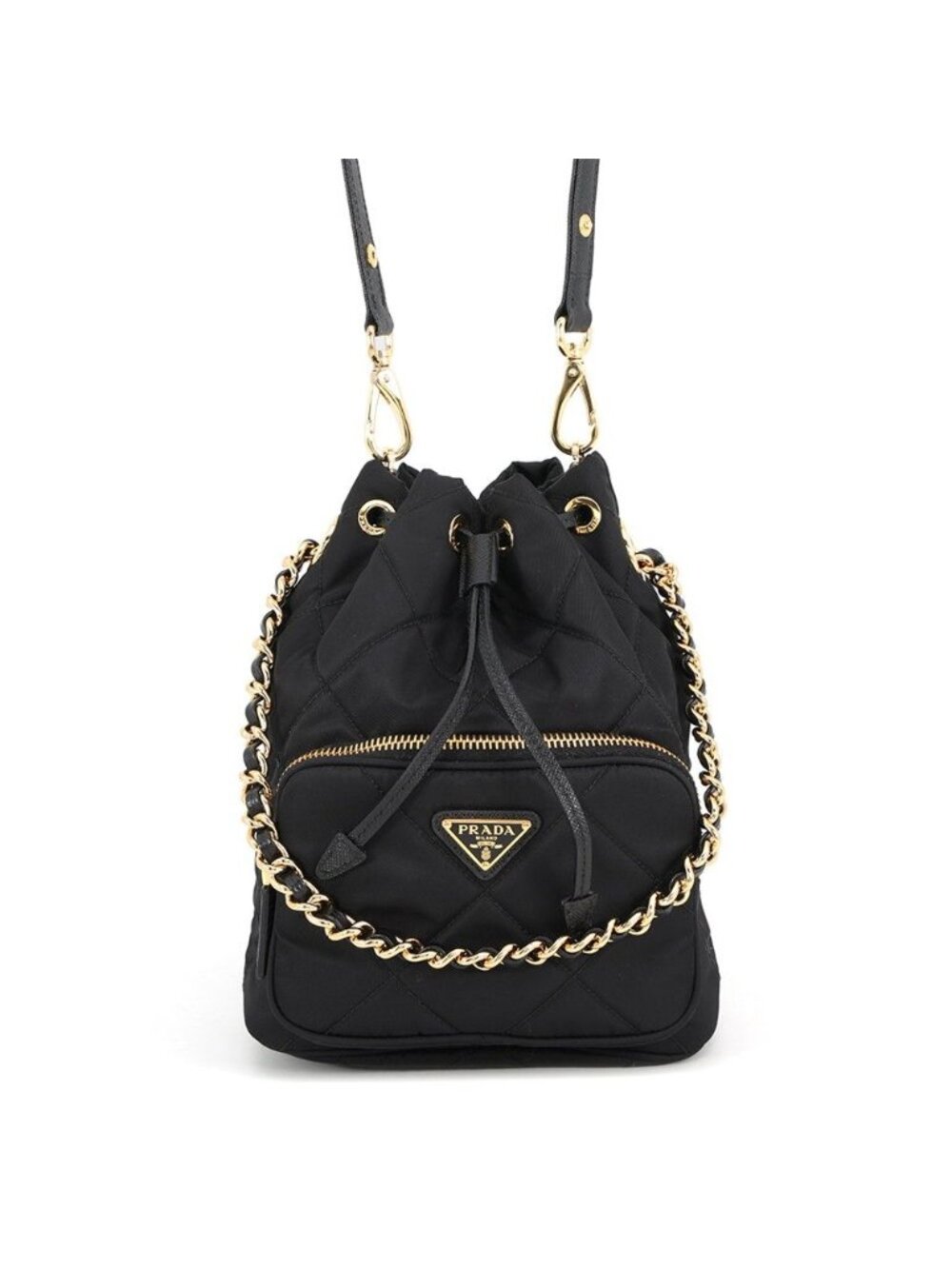 Prada Duet Drawstring Triangle Logo Nylon Leather 2-Way Shoulder Bag Black
